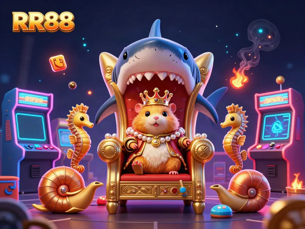 Experience the thrill of RR88's casino atmosphere with a golden hamster king on a megalodon throne.