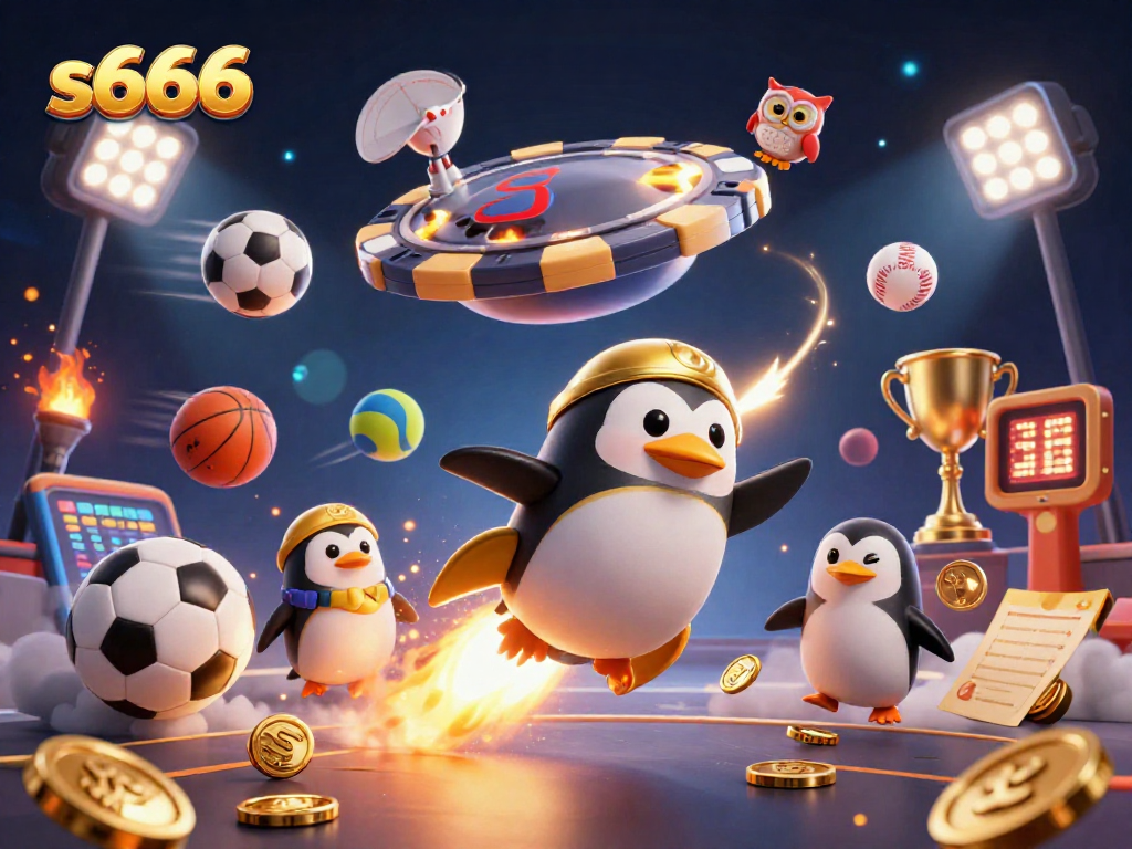 Engage in thrilling experiences with s666, witnessing a penguin rocket soaring to a casino space station.