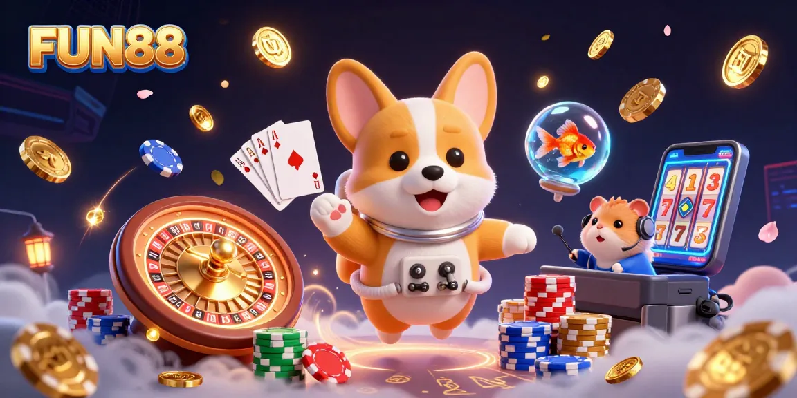 Experience FUN88 in a dynamic casino scene filled with vibrant elements and colorful characters.