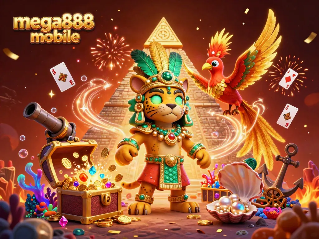 Experience mega888 mobile action with Mayan characters and dynamic casino elements in a captivating scene.