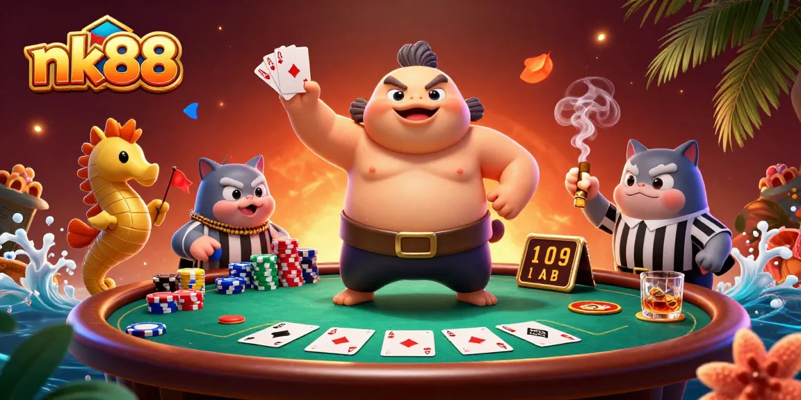 Engage with nk88 at a dynamic underwater poker scene featuring a fugu and catfish characters.