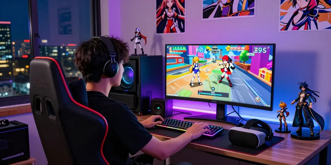Engaging player enjoying an ecchi game in a lively gaming environment with vibrant characters and collectibles.