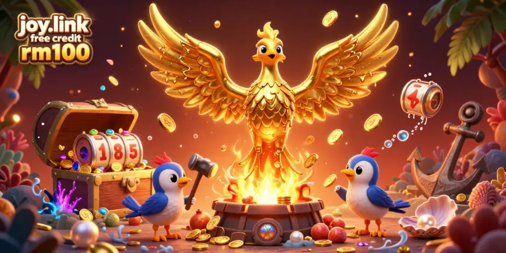 Win with joy.link free credit rm100 in a vibrant 3D casino scene filled with golden treasures and slot reels.