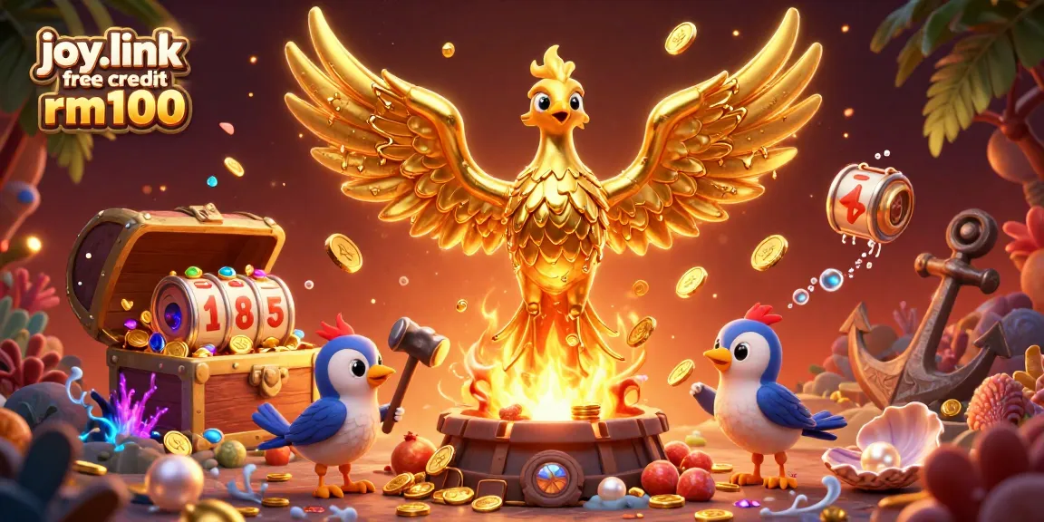 Win with joy.link free credit rm100 in a vibrant 3D casino scene filled with golden treasures and slot reels.