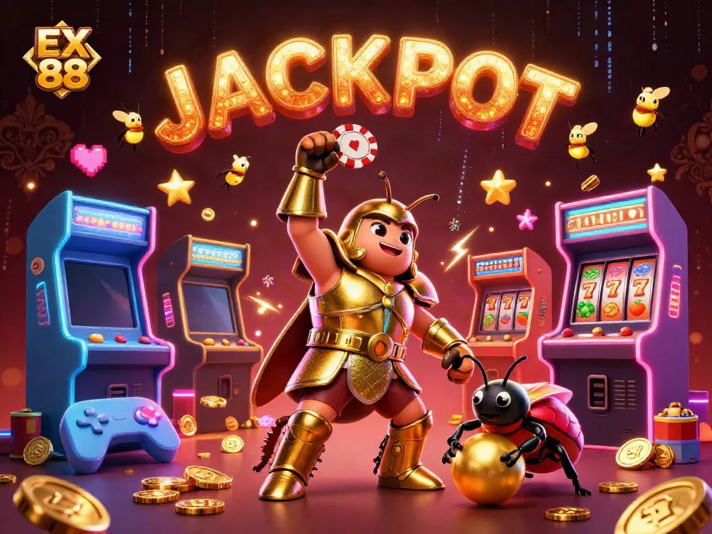 Engage with EX 88 in a vibrant 3D casino scene featuring a victorious beetle, slot elements, and jackpot excitement.