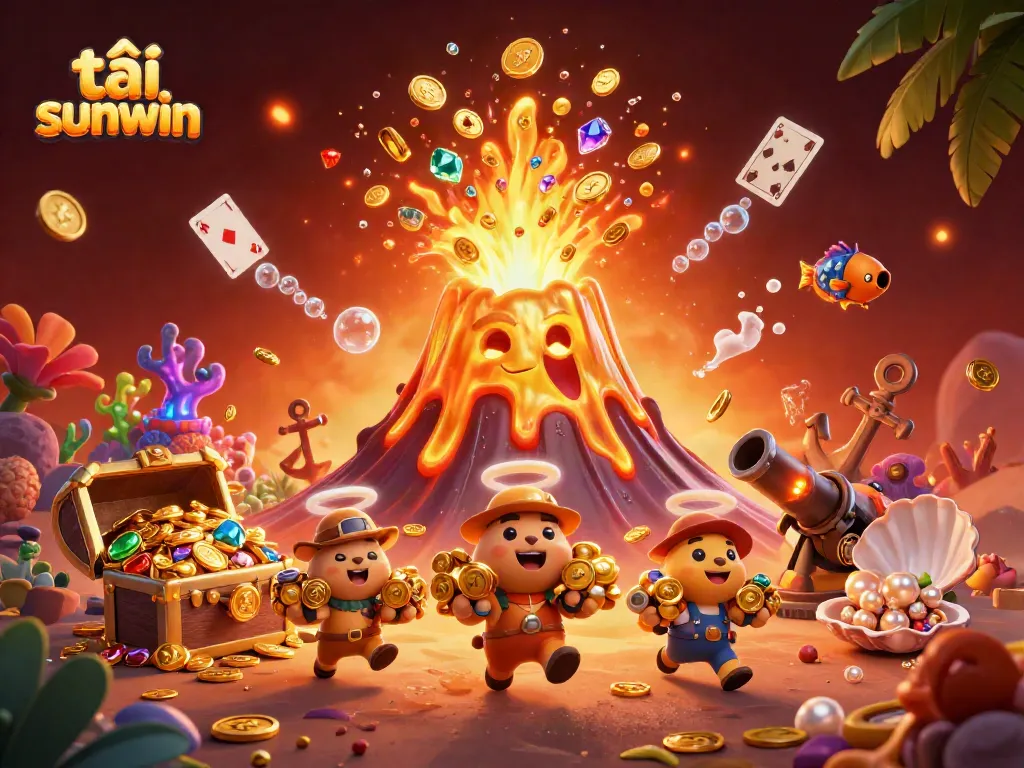 Experience the excitement of tải sunwin with a vibrant 3D scene showcasing treasures and gaming elements.