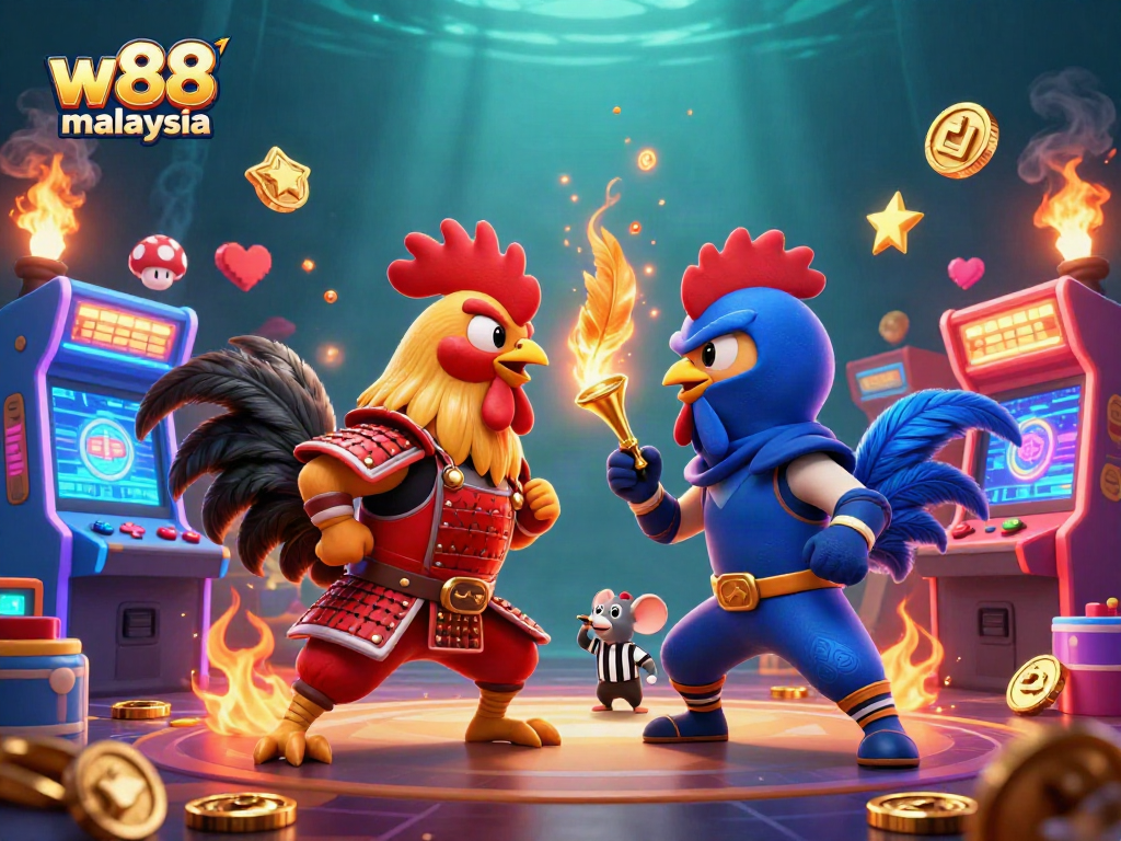 Engage with w88 malaysia through dynamic 3D gambling art featuring battling roosters and arcade elements.