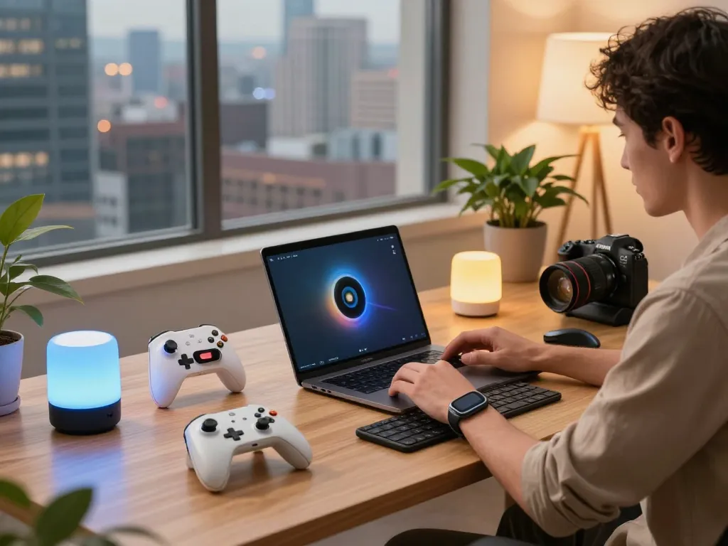 Person testing affordable tech gadgets in a modern workspace filled with Bluetooth devices and stylish decor.