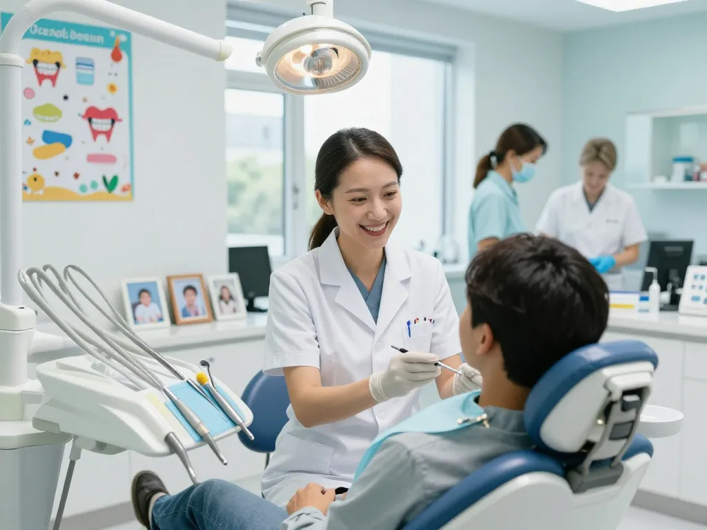 Dentist near me offering a warm welcome in a modern dental office with caring professionals and soothing colors.