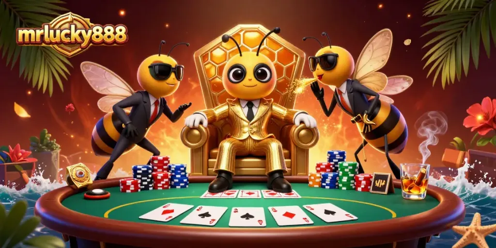 Experience thrilling gameplay at mrlucky888 with a bustling poker scene featuring dynamic characters and rich casino elements.
