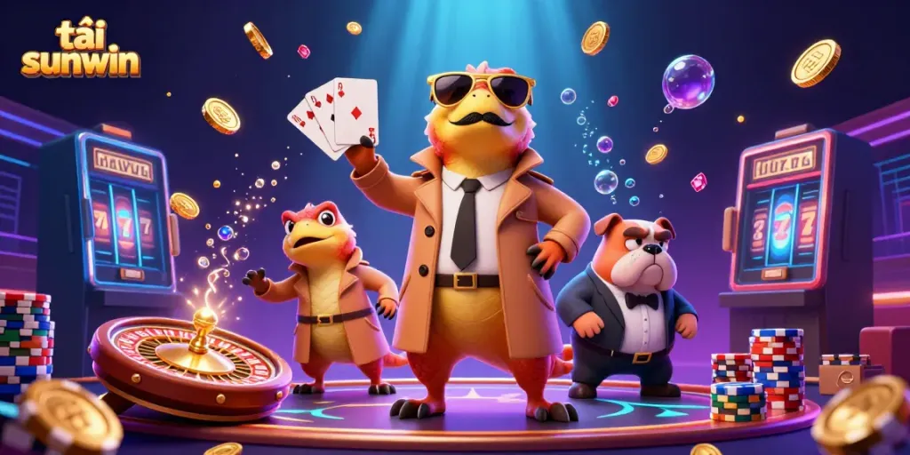 Experience the thrill and excitement to tải sunwin at the VIP lounge with 3D cartoon raptors and casino elements.