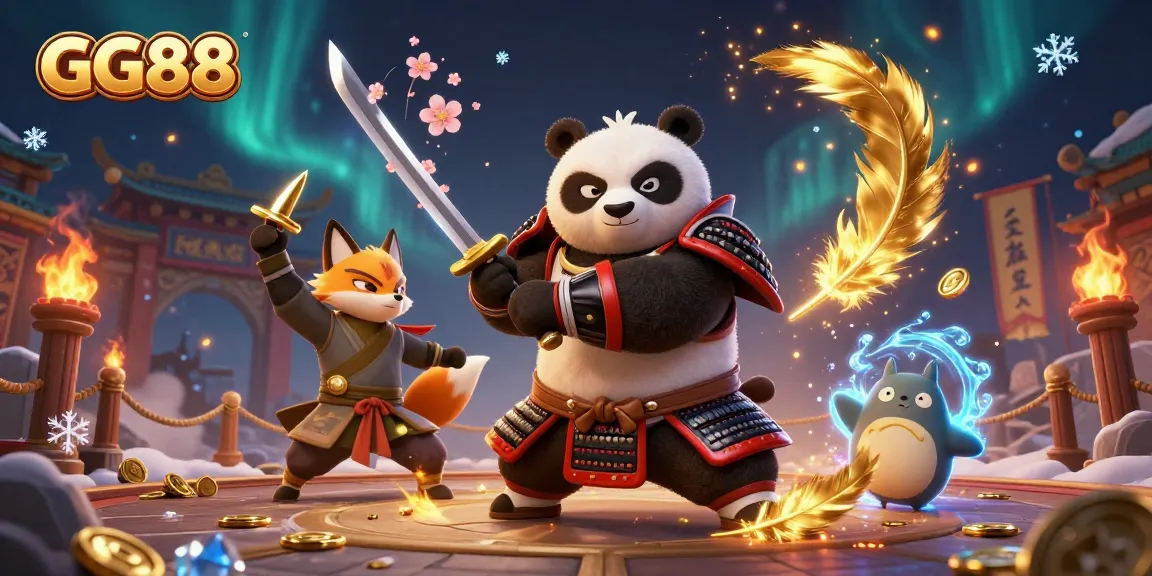 Engage in thrilling wins at GG88 Casino with animated samurai panda and ninja fox amidst vibrant game elements.