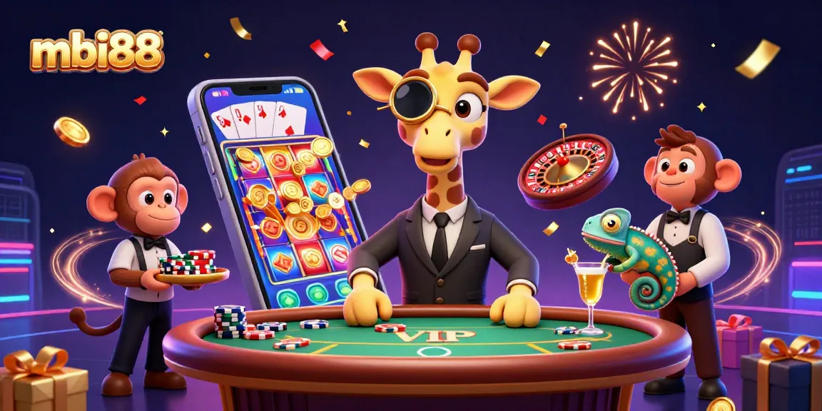Experience thrilling gaming moments with mbi88 at a vibrant casino scene featuring animated characters.