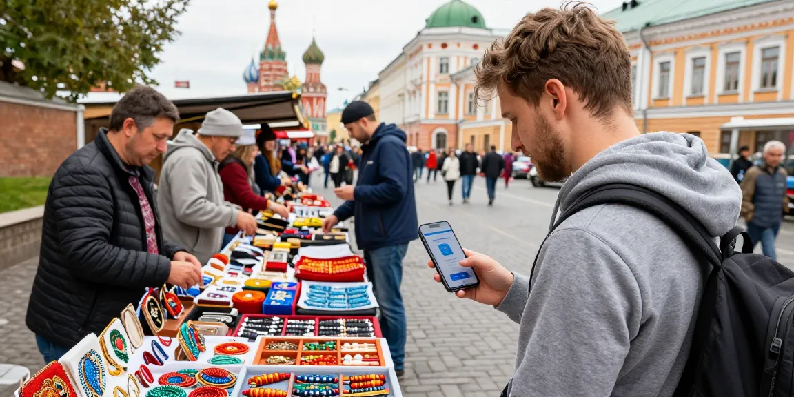 Pengguna aplikasi https://payinrussia.com/ membayar di pasar Rusia yang meriah dengan pelbagai produk tempatan.