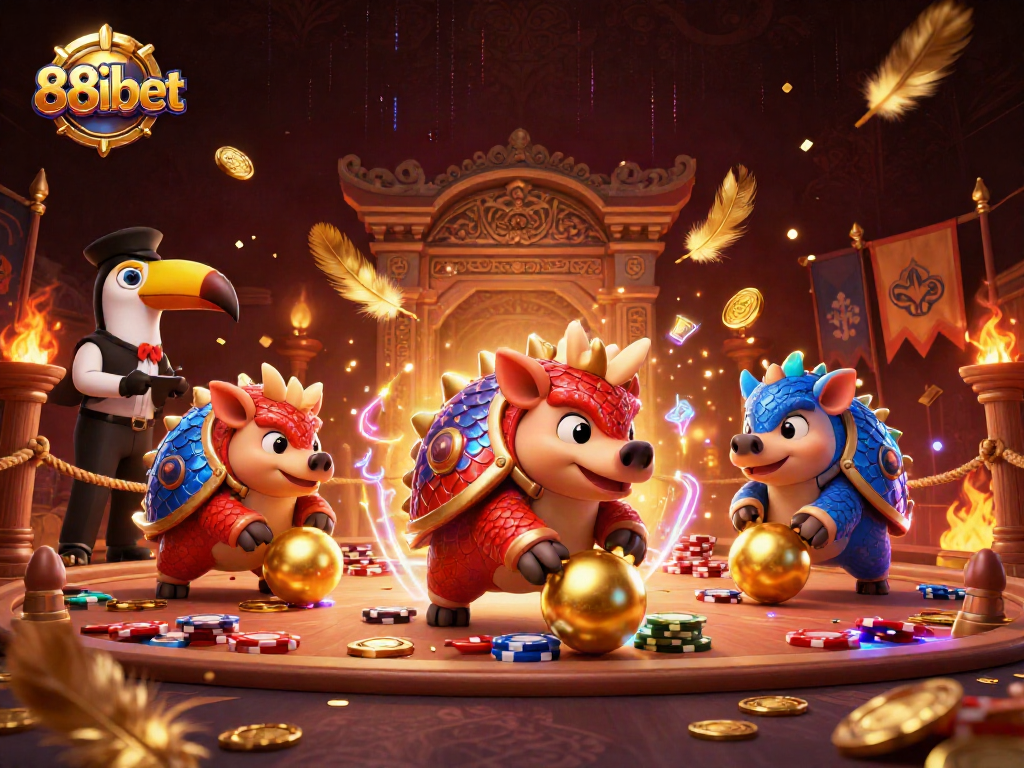 88ibet showcases a colorful scene of cartoon pangolins competing in a vibrant casino setting.