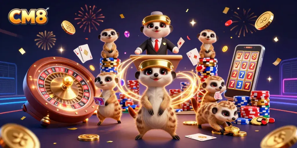 Experience the thrill of CM8 casino operations with playful meerkats amid flying coins and sparkling gems.