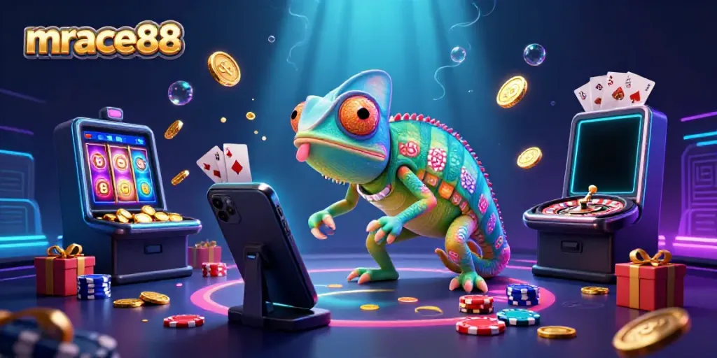 Experience thrilling gameplay at mrace88 with an exciting 3D casino scene featuring colorful slot games and vibrant chameleon.