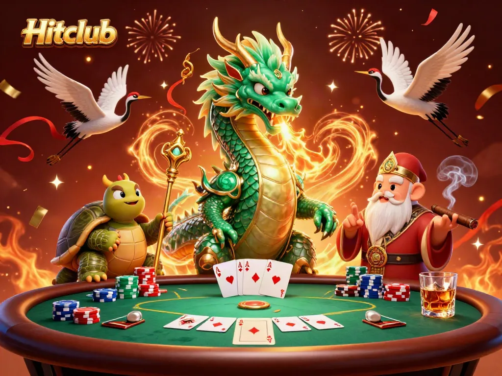 Experience thrilling gameplay at Hitclub with a jade dragon and poker elements in a vibrant casino scene.