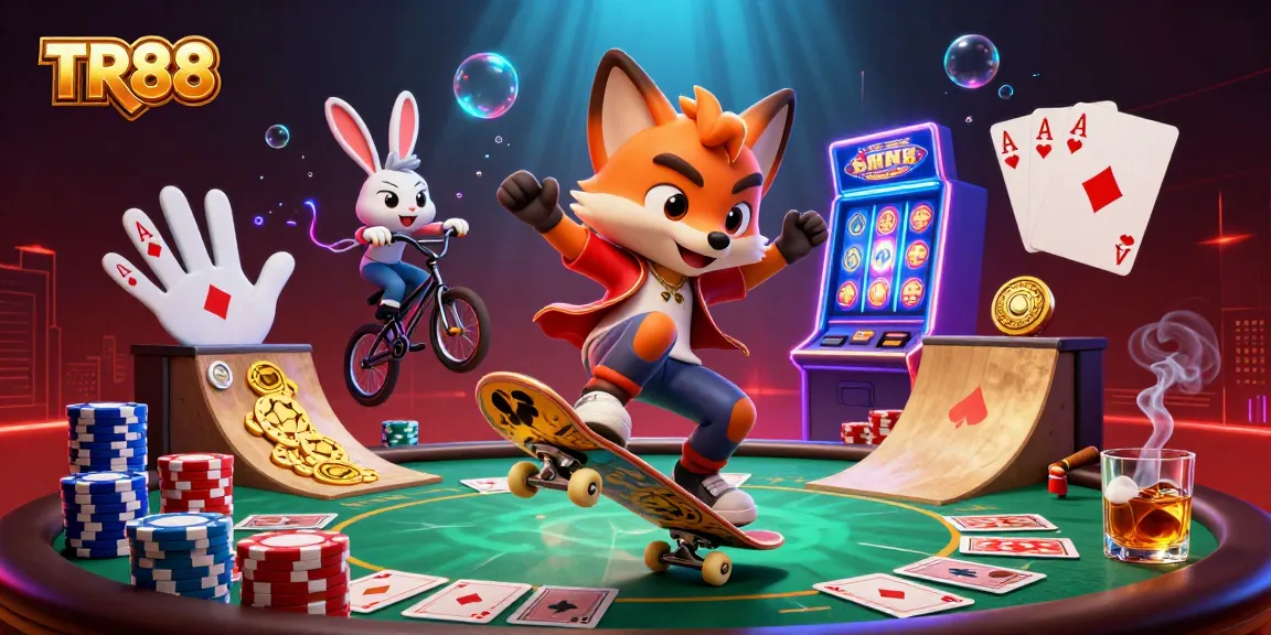 TR88 showcases a vibrant casino scene with a 3D fox and rabbit performing tricks over stacked poker chips.