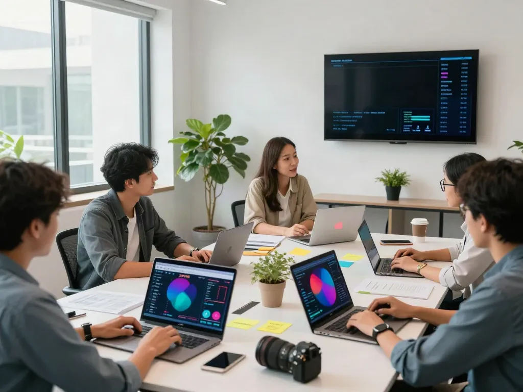 SEO specialists discussing digital strategies for rokok88 in a modern office.