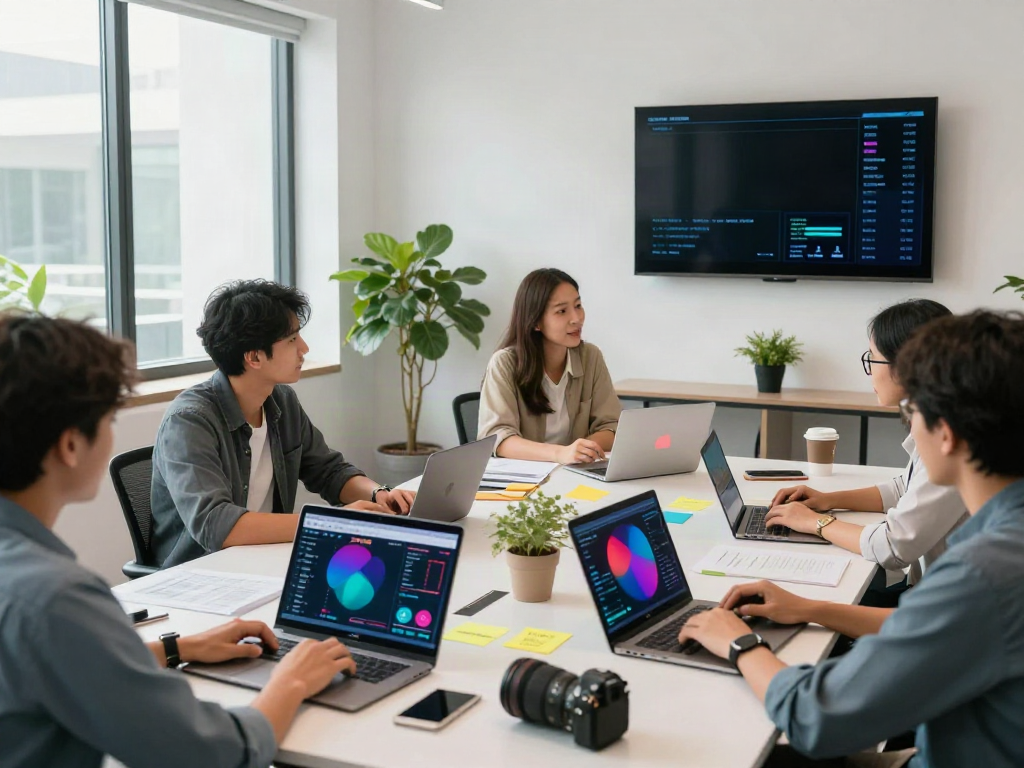 SEO specialists discussing digital strategies for rokok88 in a modern office.