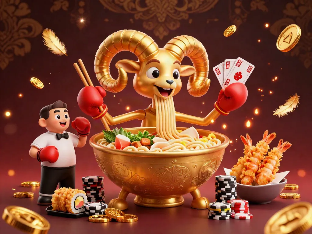 Engage with xoso66's dynamic casino scene featuring a golden ramen bowl dealer surrounded by exciting betting elements.