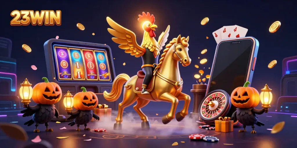 Experience the excitement of 23WIN with a dynamic casino scene featuring a golden rooster and gaming elements.
