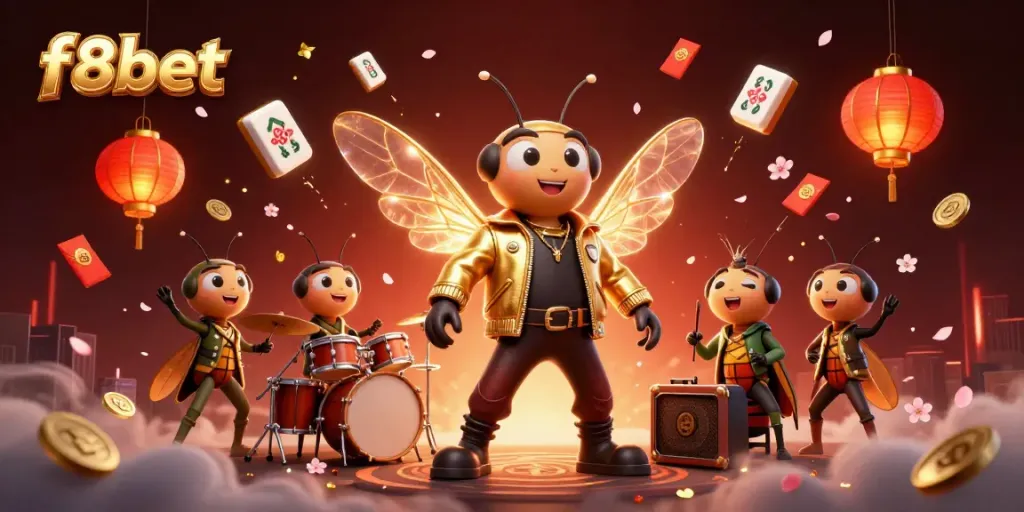 Experience vibrant gaming action with f8bet depicted in a packed 3D casino scene featuring musical characters.