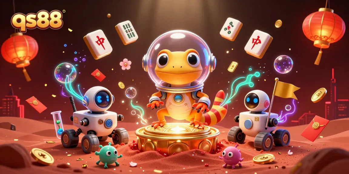 Join the fun at qs88 with a Martian gecko discovering a hidden casino amidst vibrant decorations and excitement.