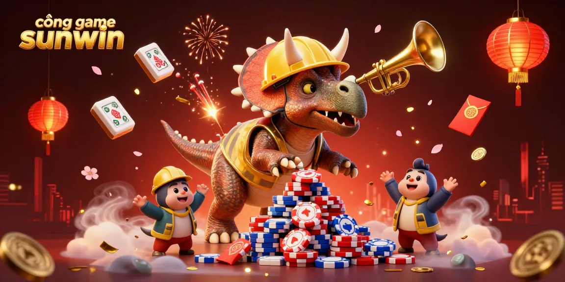 Cổng game sunwin showcases a vibrant scene of a cartoon triceratops building poker chips while celebrating with friends amidst magical decorations.