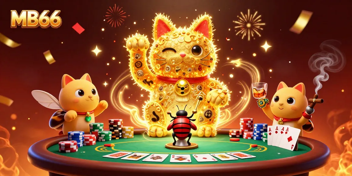 Experience the captivating charm of MB66 with a playful golden lucky cat and dynamic poker elements.