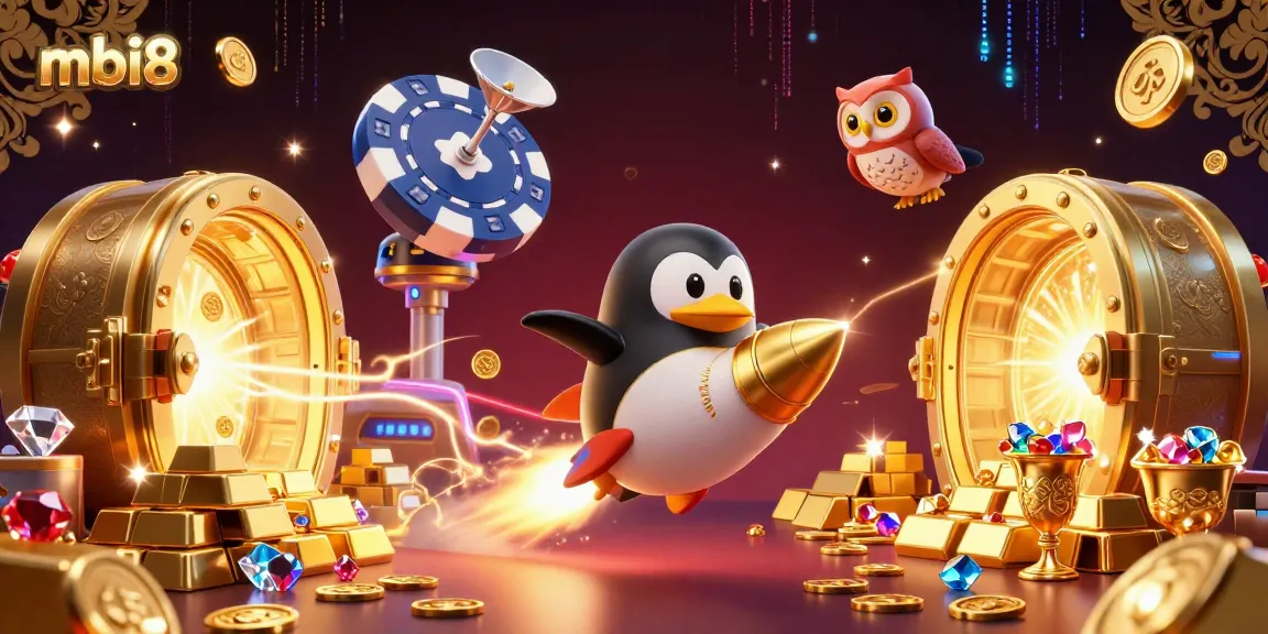 Engage with mbi8, featuring a golden penguin and a poker chip casino in a vibrant 3D illustration.