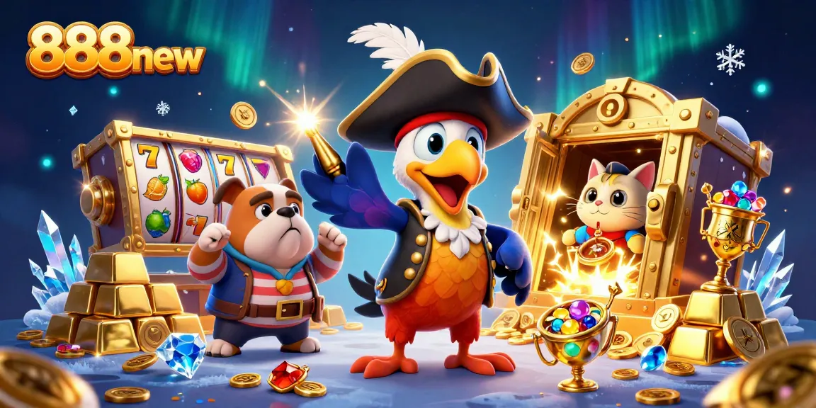 Spin the reels with 888new's vibrant characters and treasures in this stunning casino illustration.
