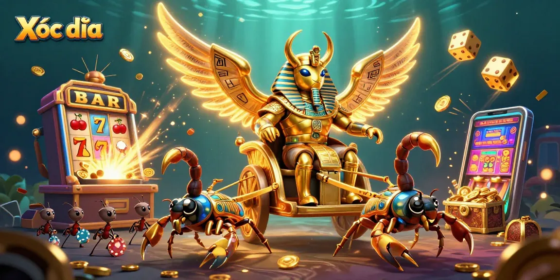Xóc đĩa vibrant scene with a golden scarab, scorpions, and treasure, illustrating high-stakes casino action.