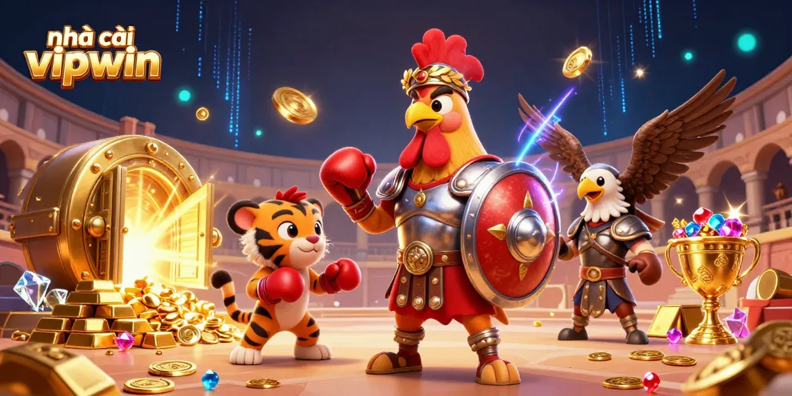 Engage with nhà cái vipwin's thrilling casino adventures featuring dynamic 3D illustration of a battling rooster and vibrant treasures.