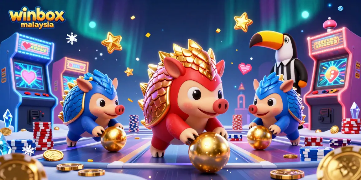 Winbox Malaysia pangolins compete in a casino-themed game amid colorful arcade machines and gold coins.