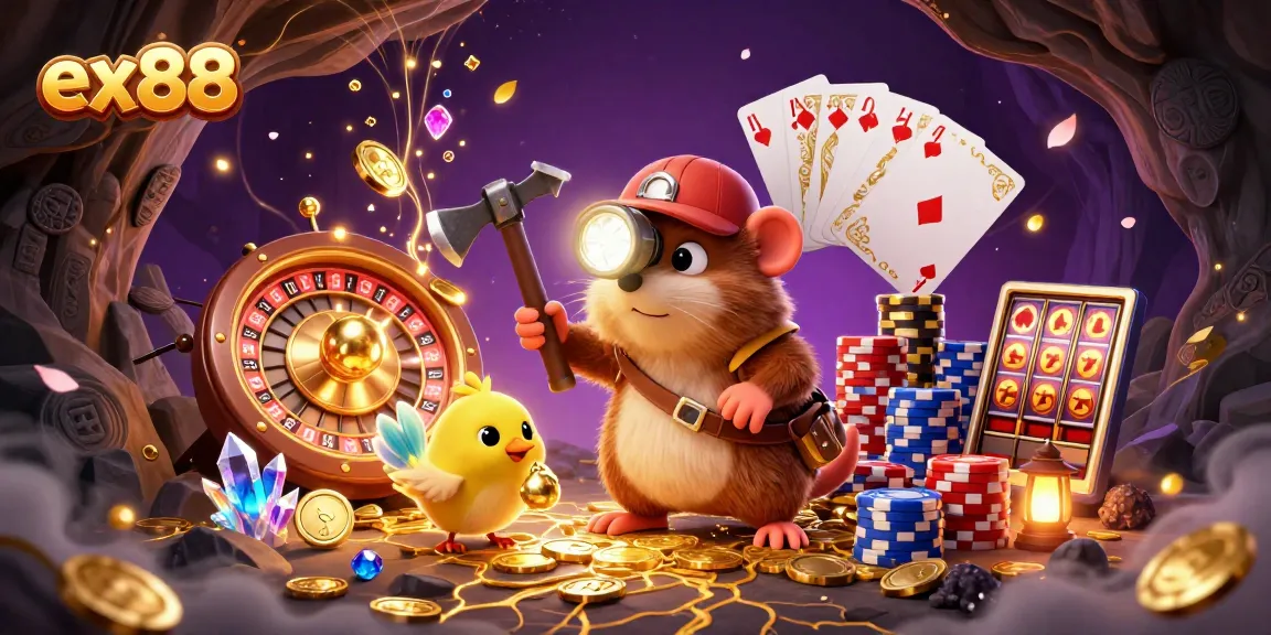 Experience the excitement of ex88's vibrant casino scene filled with treasures and gaming action.