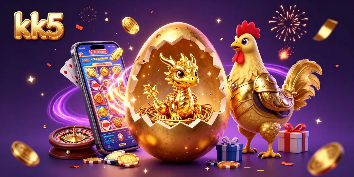 kk5 showcases a golden dragon on poker chips while celebrating casino wins with dynamic game elements.