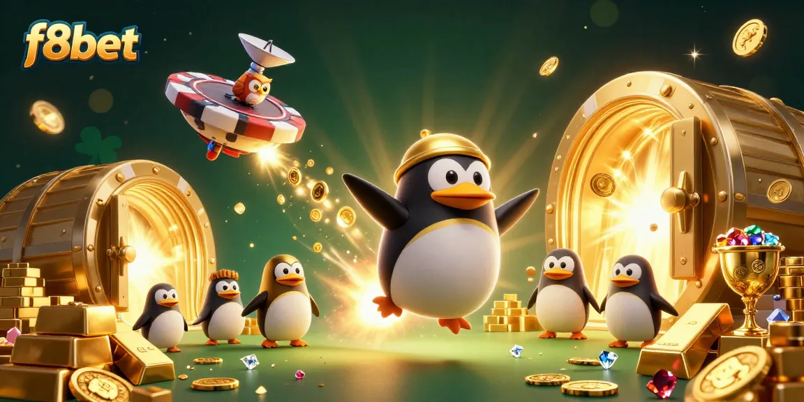 Experience excitement with f8bet, as a golden penguin rockets toward a casino space station amidst gold treasures.