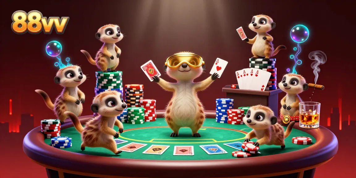 Invite excitement at 88vv casino with meerkats engaging in a lively poker game.