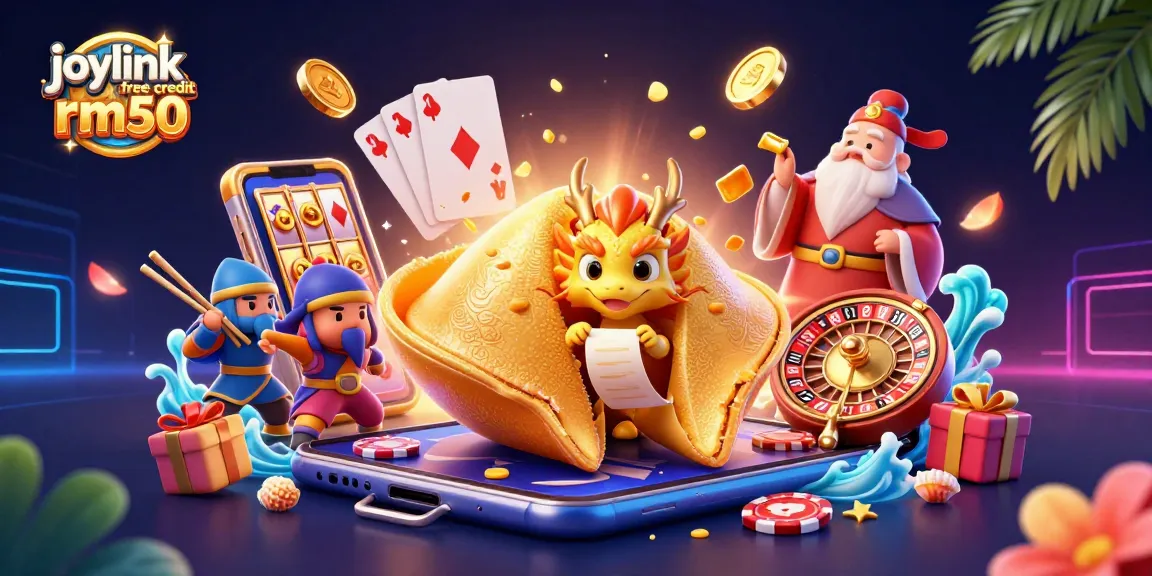 Engage with joylink free credit rm50 for vibrant gaming experiences featuring a golden fortune cookie and animated characters.