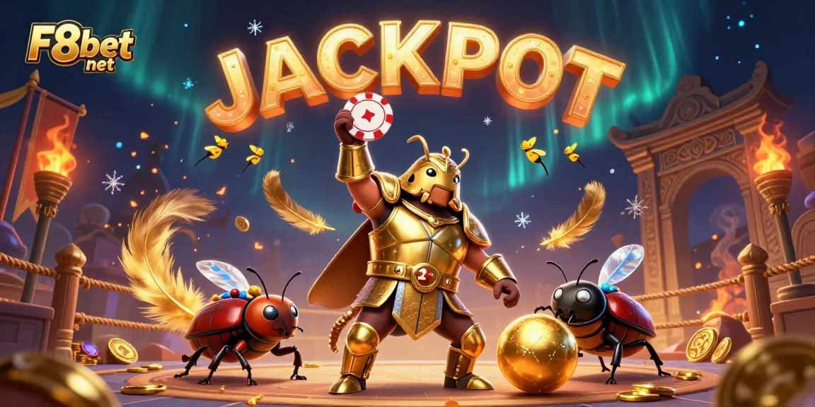 Experience F8bet net excitement with a victorious hercules beetle lifting a poker chip in this vibrant gambling scene.