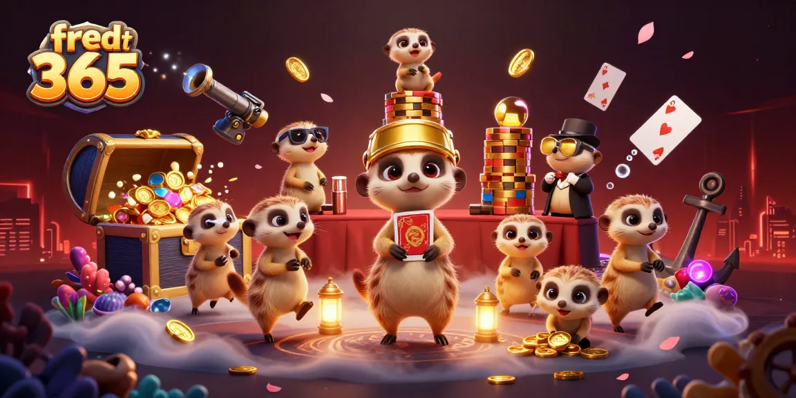 Engaging scene of meerkats running a casino, embodying the free credit 365 spirit with card games and treasure.