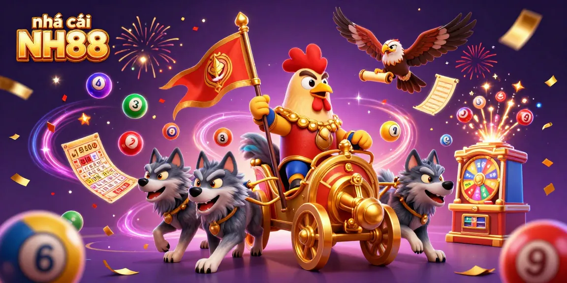 Experience the vibrant atmosphere of nhà cái NH88 with dynamic lottery elements and a powerful rooster character.