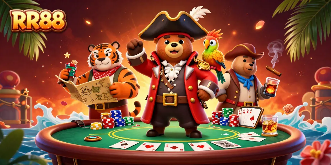 RR88's vibrant scene captures a 3D pirate bear, tiger, and parrot at a poker table, showcasing thrilling gameplay.